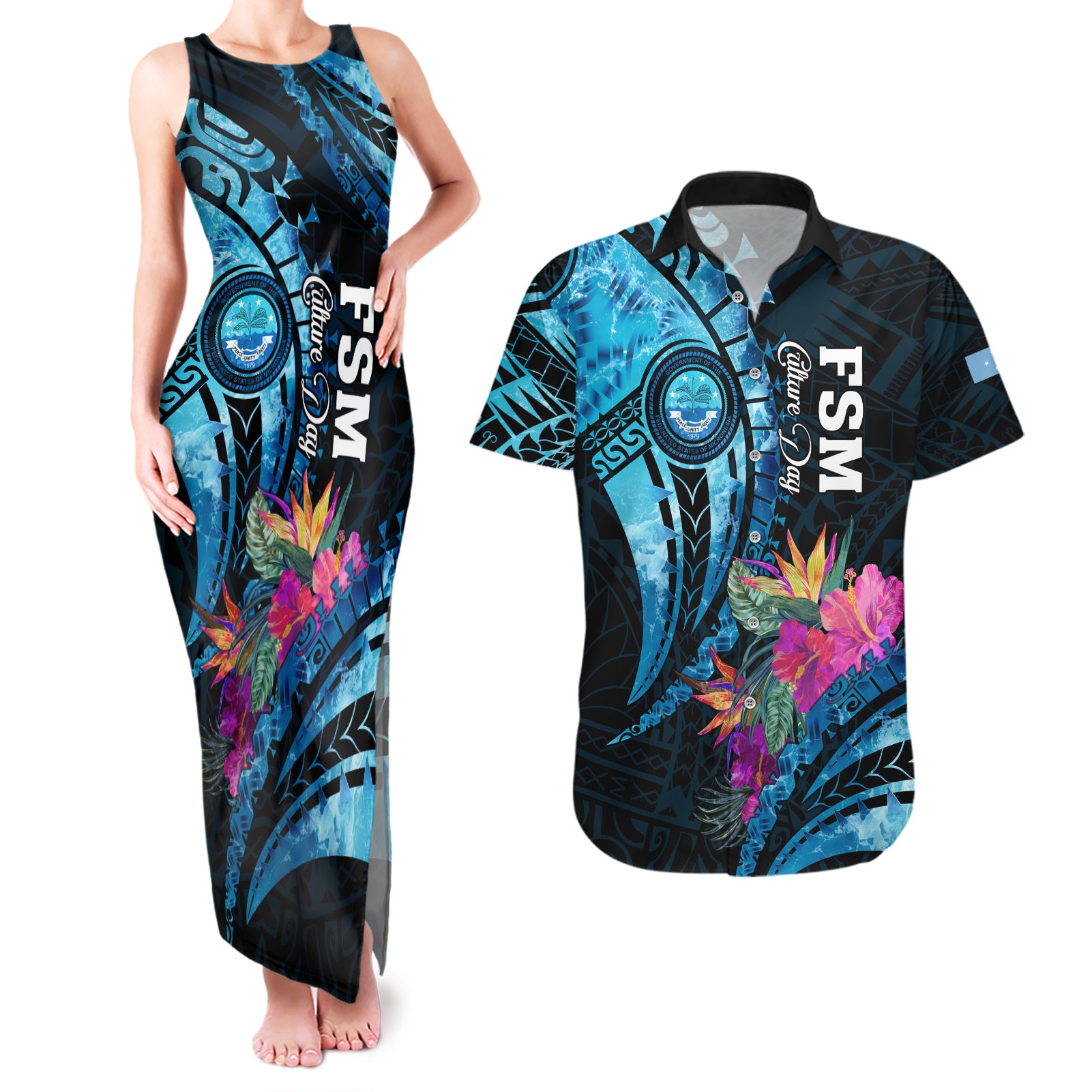 Personalised FSM Culture Day Couples Matching Tank Maxi Dress and Hawaiian Shirt Tropical Flowers Tribal Pattern LT05 Blue - Polynesian Pride