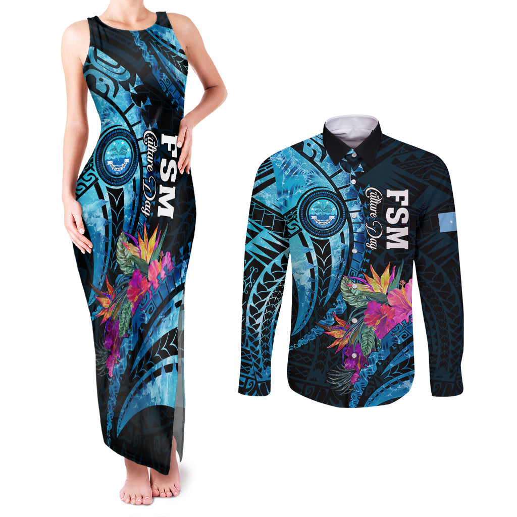 Personalised FSM Culture Day Couples Matching Tank Maxi Dress and Long Sleeve Button Shirt Tropical Flowers Tribal Pattern LT05 Blue - Polynesian Pride