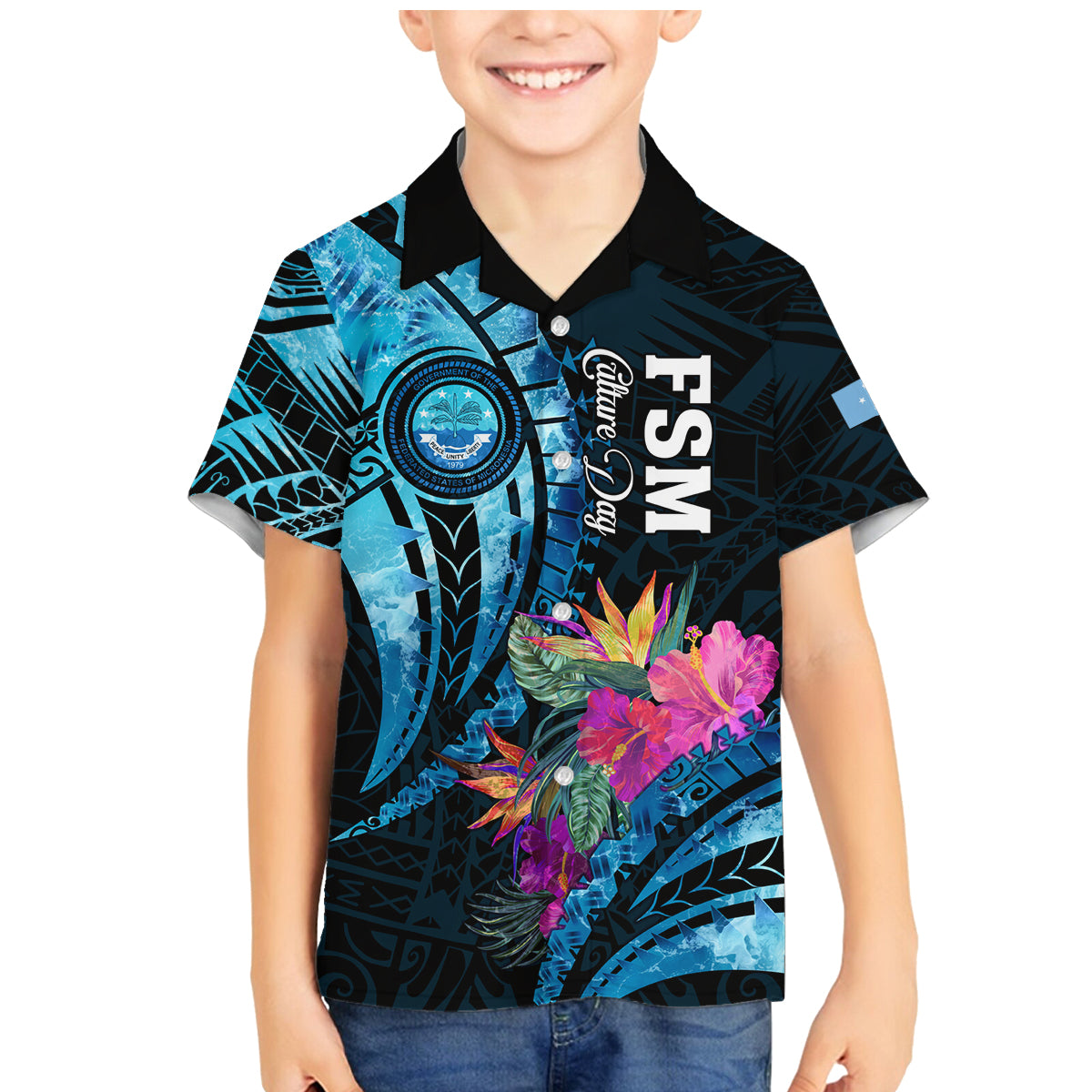 Personalised FSM Culture Day Family Matching Mermaid Dress and Hawaiian Shirt Tropical Flowers Tribal Pattern LT05 Son's Shirt Blue - Polynesian Pride