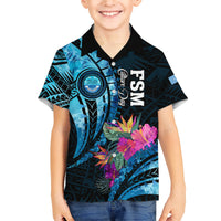 Personalised FSM Culture Day Family Matching Short Sleeve Bodycon Dress and Hawaiian Shirt Tropical Flowers Tribal Pattern LT05 Son's Shirt Blue - Polynesian Pride