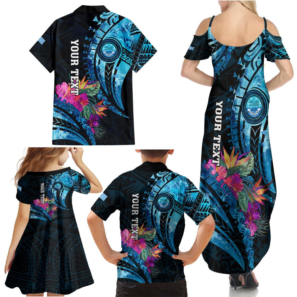 Personalised FSM Culture Day Family Matching Summer Maxi Dress and Hawaiian Shirt Tropical Flowers Tribal Pattern LT05 - Polynesian Pride
