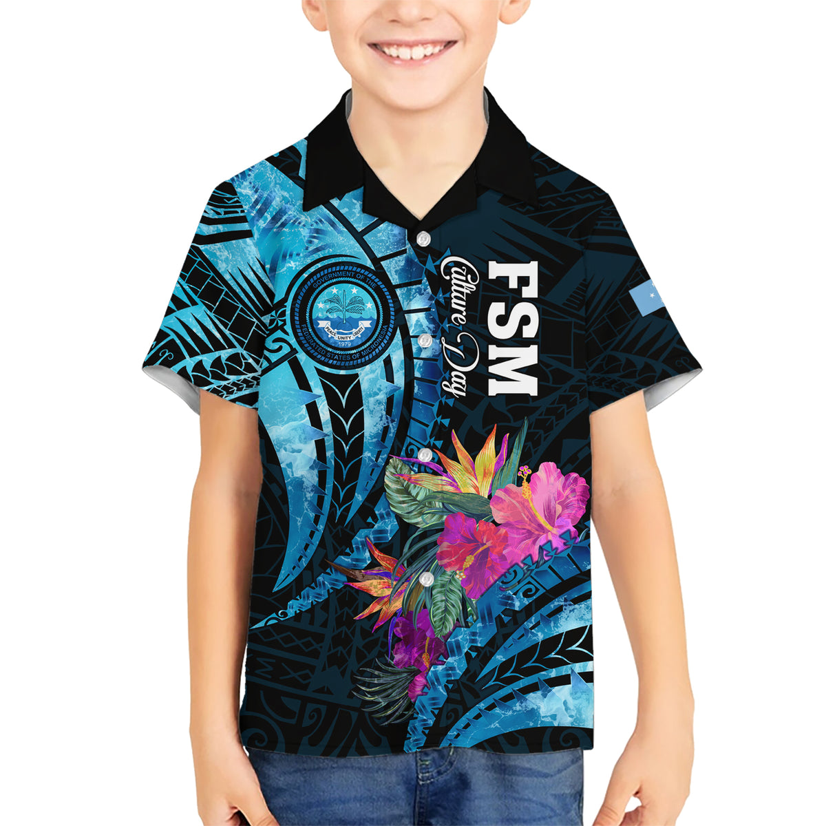 Personalised FSM Culture Day Kid Hawaiian Shirt Tropical Flowers Tribal Pattern LT05 Kid Blue - Polynesian Pride