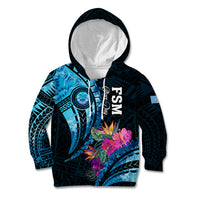 Personalised FSM Culture Day Kid Hoodie Tropical Flowers Tribal Pattern LT05 Hoodie Blue - Polynesian Pride