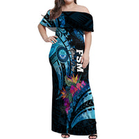 Personalised FSM Culture Day Off Shoulder Maxi Dress Tropical Flowers Tribal Pattern LT05 Women Blue - Polynesian Pride