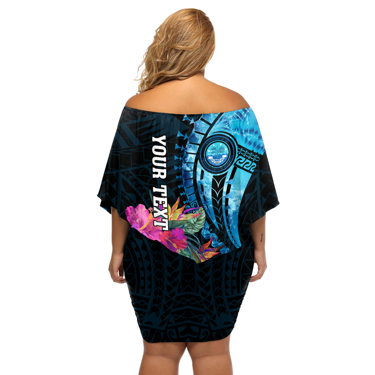Personalised FSM Culture Day Off Shoulder Short Dress Tropical Flowers Tribal Pattern LT05 - Polynesian Pride