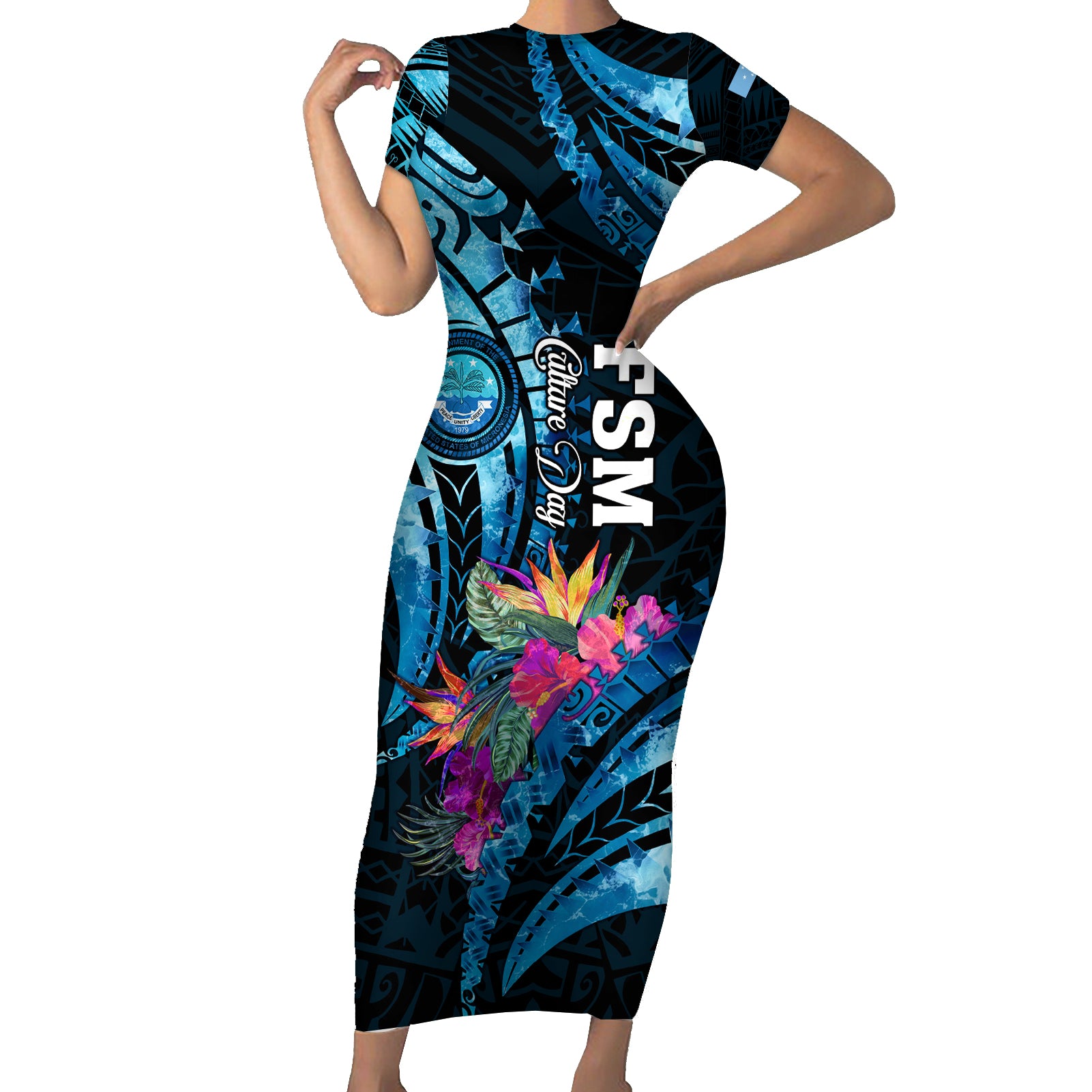 Personalised FSM Culture Day Short Sleeve Bodycon Dress Tropical Flowers Tribal Pattern LT05 Long Dress Blue - Polynesian Pride