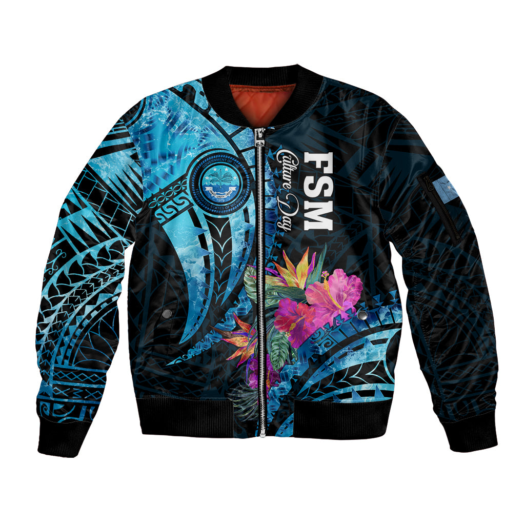 Personalised FSM Culture Day Sleeve Zip Bomber Jacket Tropical Flowers Tribal Pattern LT05 Unisex Blue - Polynesian Pride