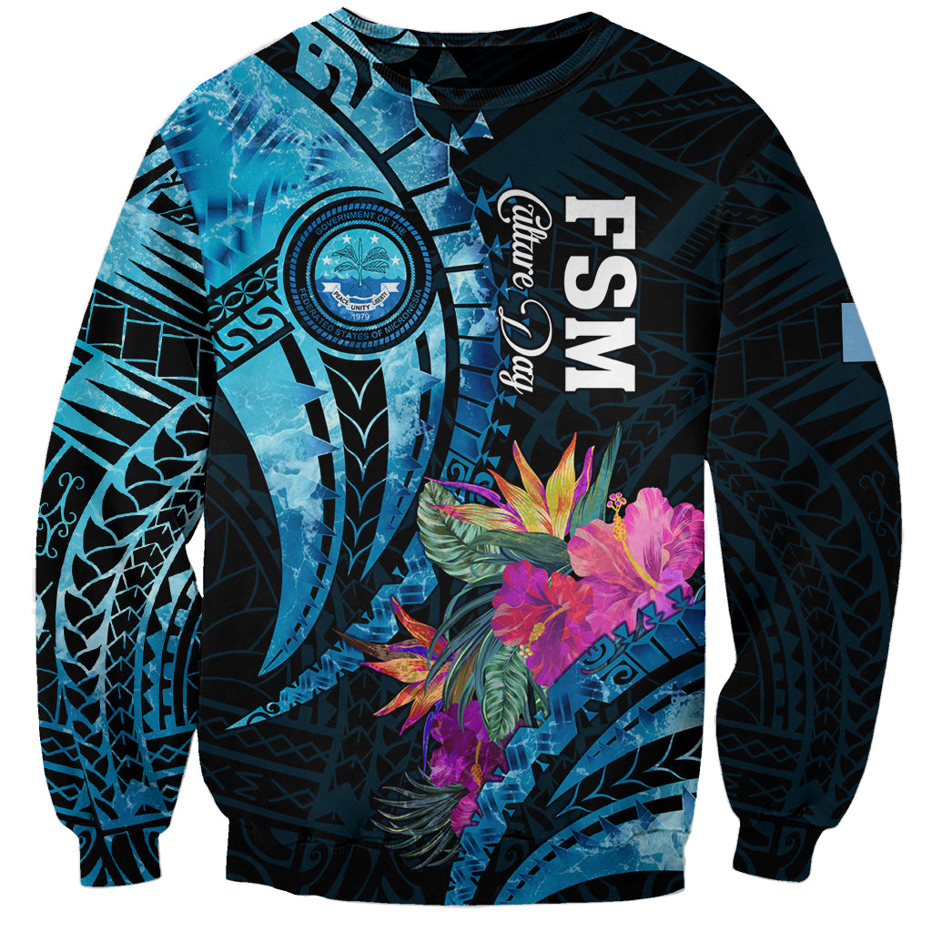 Personalised FSM Culture Day Sweatshirt Tropical Flowers Tribal Pattern LT05 Unisex Blue - Polynesian Pride