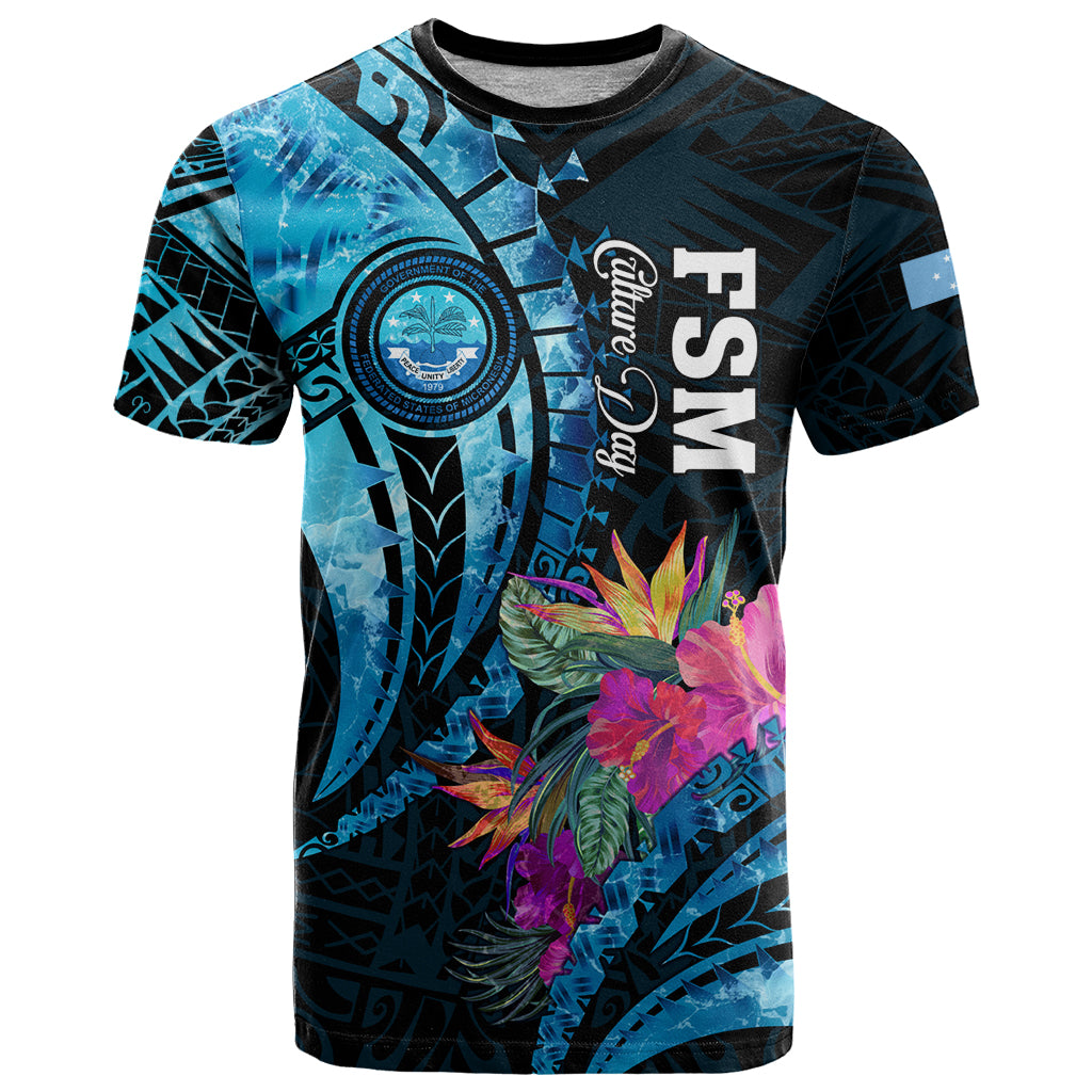 Personalised FSM Culture Day T Shirt Tropical Flowers Tribal Pattern LT05 Blue - Polynesian Pride