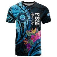 Personalised FSM Culture Day T Shirt Tropical Flowers Tribal Pattern LT05 Blue - Polynesian Pride