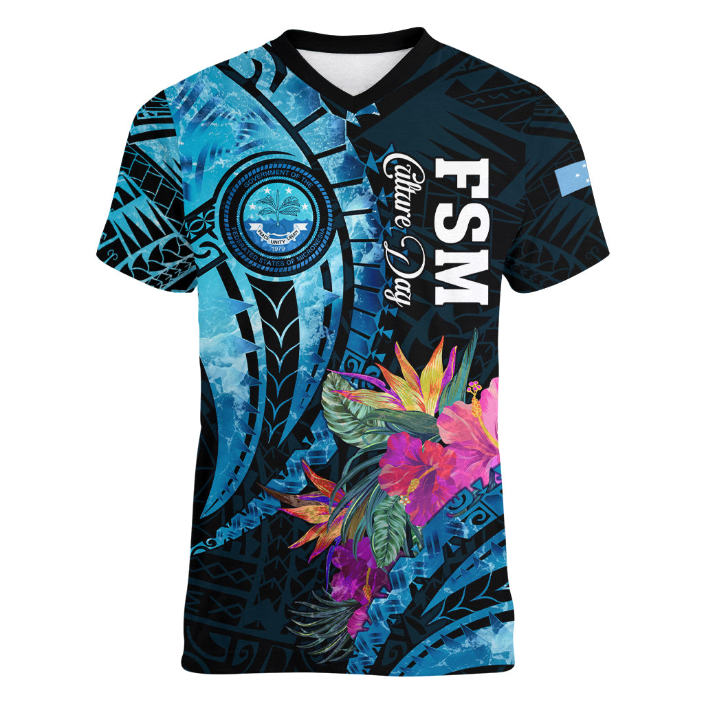 Personalised FSM Culture Day Women V Neck T Shirt Tropical Flowers Tribal Pattern LT05 Female Blue - Polynesian Pride