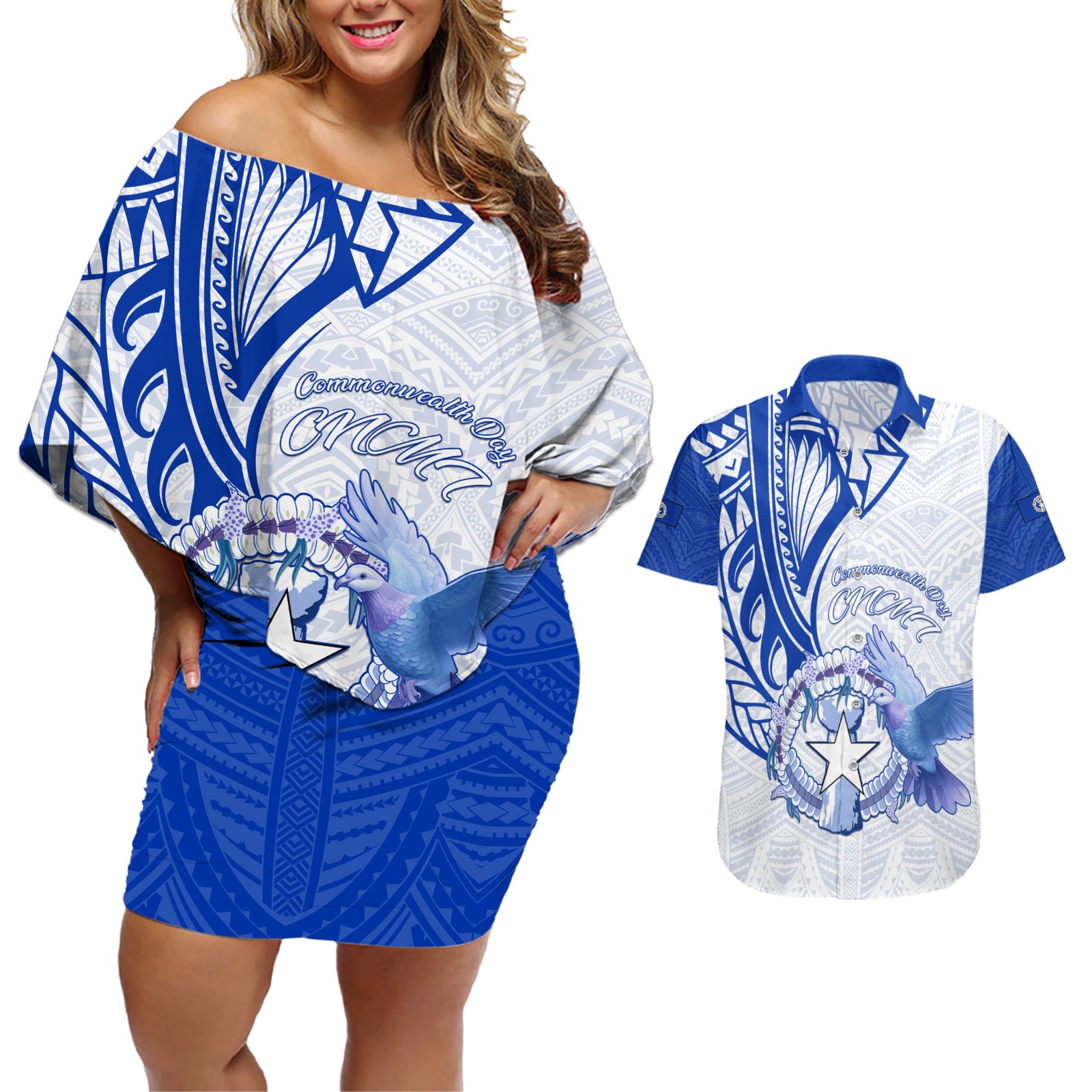 Personalised Northern Mariana Islands Commonwealth Day Couples Matching Off Shoulder Short Dress and Hawaiian Shirt Simple Style LT05 Blue - Polynesian Pride