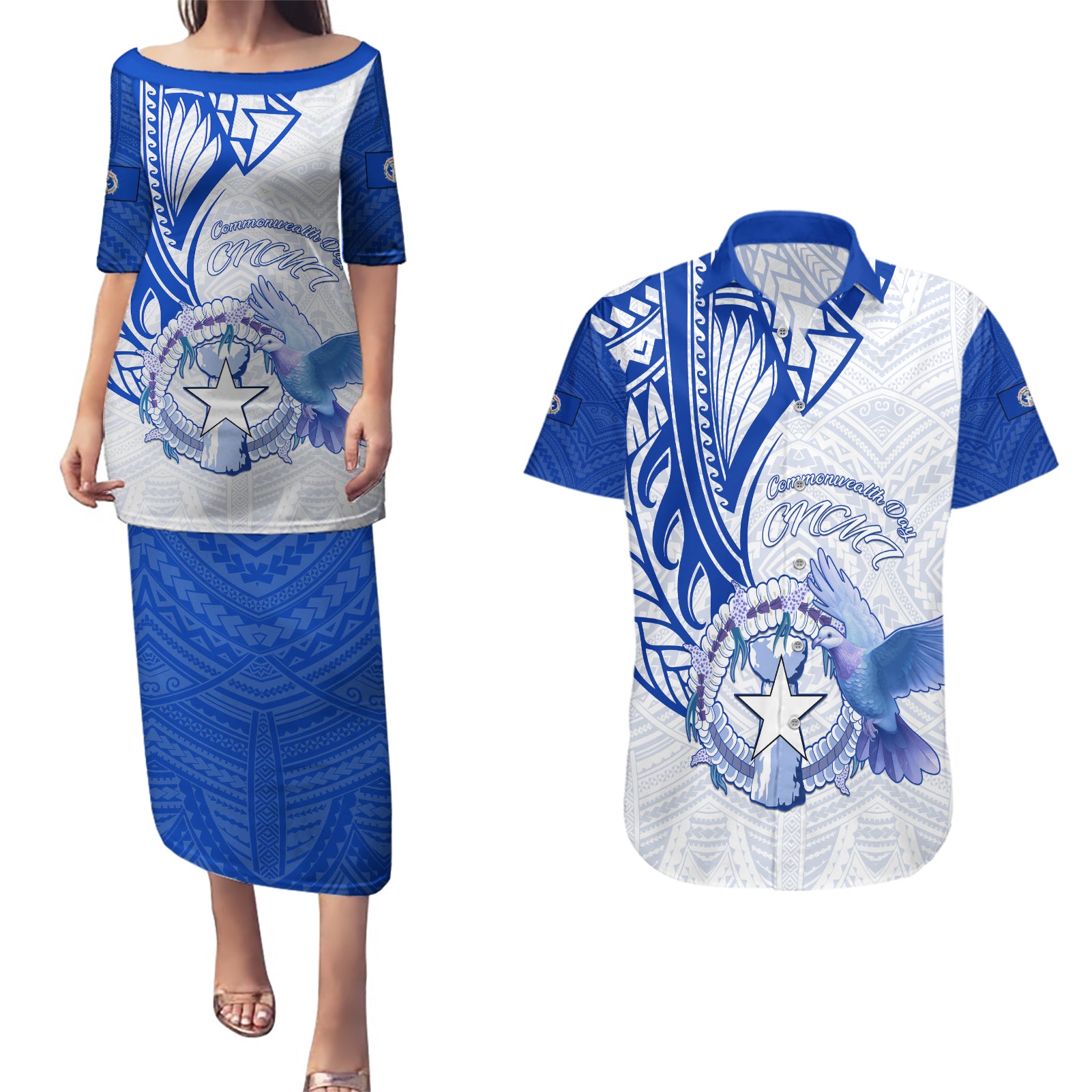 Personalised Northern Mariana Islands Commonwealth Day Couples Matching Puletasi and Hawaiian Shirt Simple Style LT05 Blue - Polynesian Pride