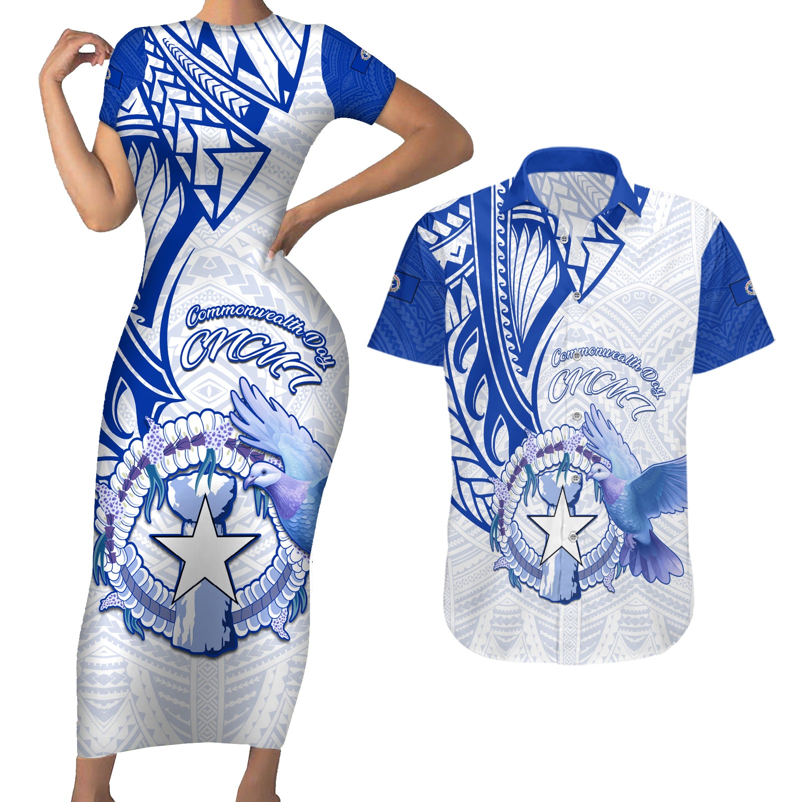 Personalised Northern Mariana Islands Commonwealth Day Couples Matching Short Sleeve Bodycon Dress and Hawaiian Shirt Simple Style LT05 Blue - Polynesian Pride