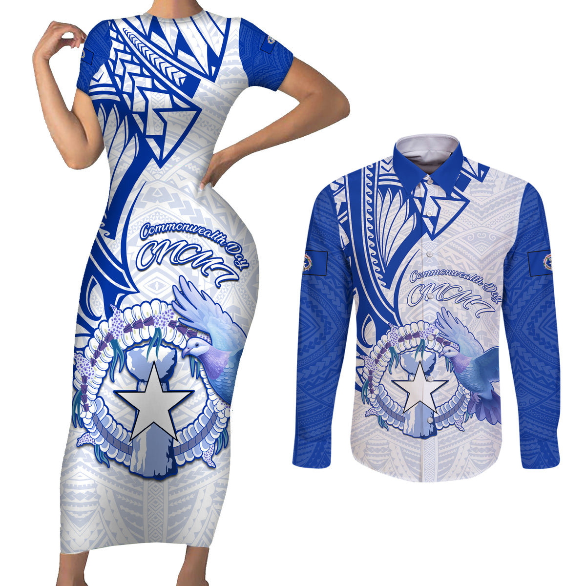 Personalised Northern Mariana Islands Commonwealth Day Couples Matching Short Sleeve Bodycon Dress and Long Sleeve Button Shirt Simple Style LT05 Blue - Polynesian Pride