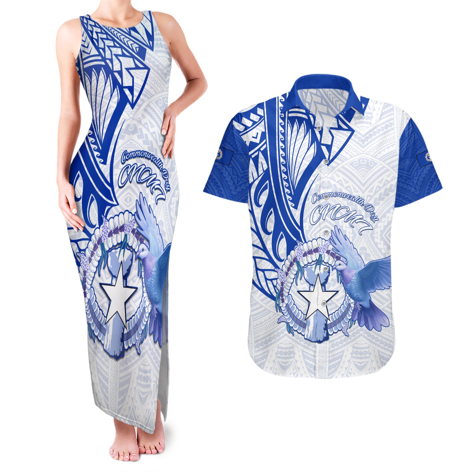 Personalised Northern Mariana Islands Commonwealth Day Couples Matching Tank Maxi Dress and Hawaiian Shirt Simple Style LT05 Blue - Polynesian Pride