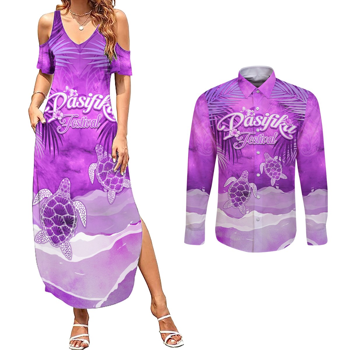 Personalised Pasifika Festival Couples Matching Summer Maxi Dress and Long Sleeve Button Shirt Violet Tropical Turtle LT05 Violet - Polynesian Pride