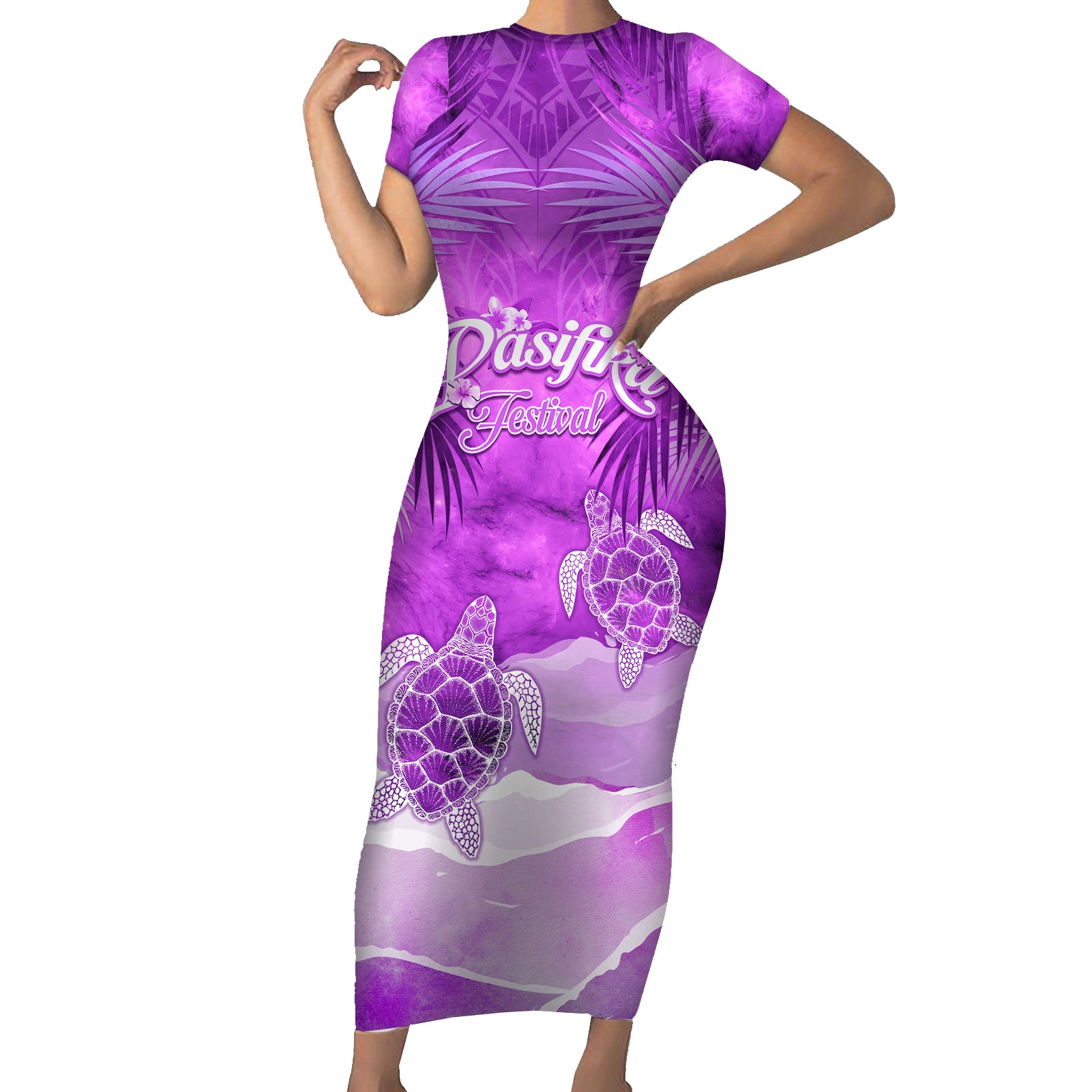 Personalised Pasifika Festival Short Sleeve Bodycon Dress Violet Tropical Turtle LT05 Long Dress Violet - Polynesian Pride