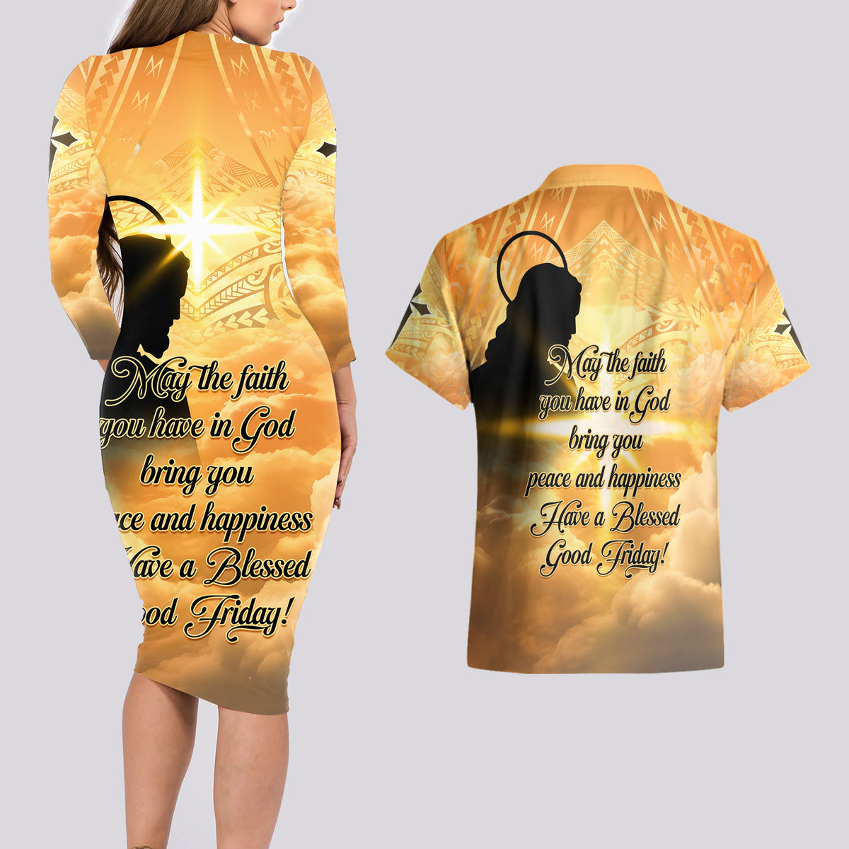 Happy Good Friday Couples Matching Long Sleeve Bodycon Dress and Hawaiian Shirt God Will Bless You LT05 - Polynesian Pride