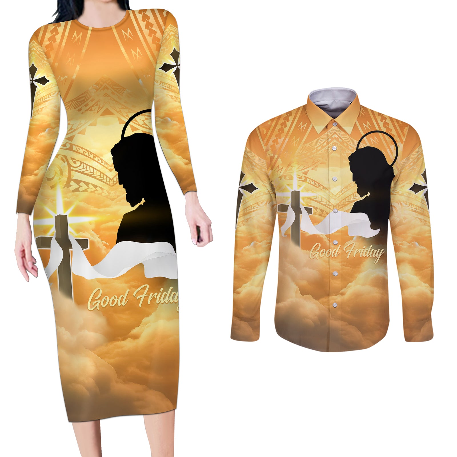 Happy Good Friday Couples Matching Long Sleeve Bodycon Dress and Long Sleeve Button Shirt God Will Bless You LT05 Gold - Polynesian Pride