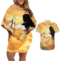 Happy Good Friday Couples Matching Off Shoulder Short Dress and Hawaiian Shirt God Will Bless You LT05 Gold - Polynesian Pride