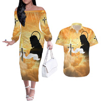 Happy Good Friday Couples Matching Off The Shoulder Long Sleeve Dress and Hawaiian Shirt God Will Bless You LT05 Gold - Polynesian Pride