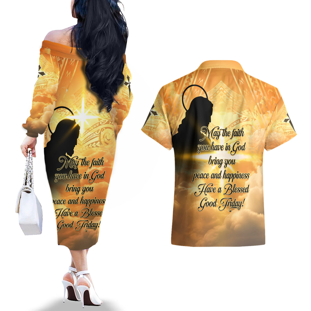Happy Good Friday Couples Matching Off The Shoulder Long Sleeve Dress and Hawaiian Shirt God Will Bless You LT05 - Polynesian Pride
