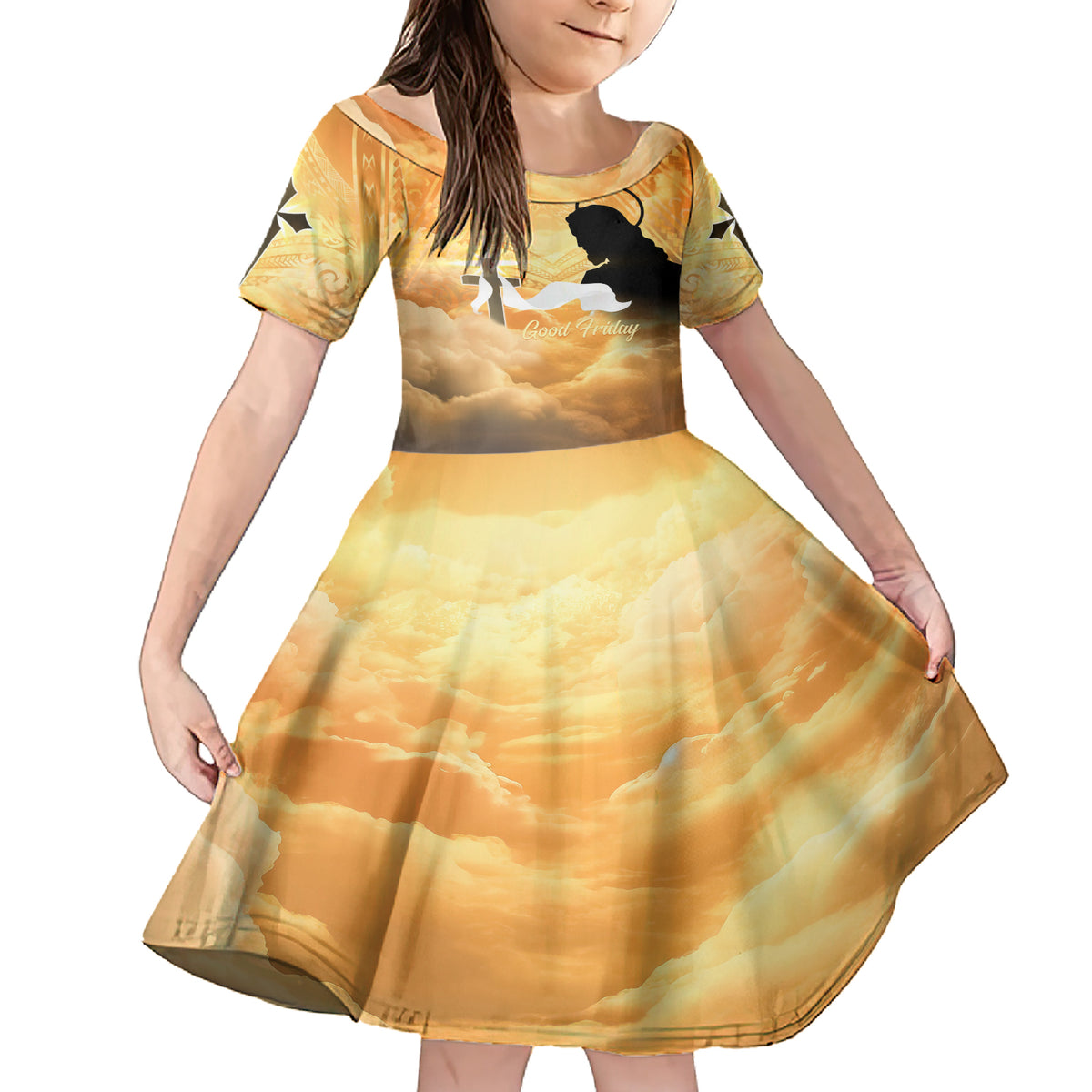 Happy Good Friday Family Matching Short Sleeve Bodycon Dress and Hawaiian Shirt God Will Bless You LT05 Daughter's Dress Gold - Polynesian Pride