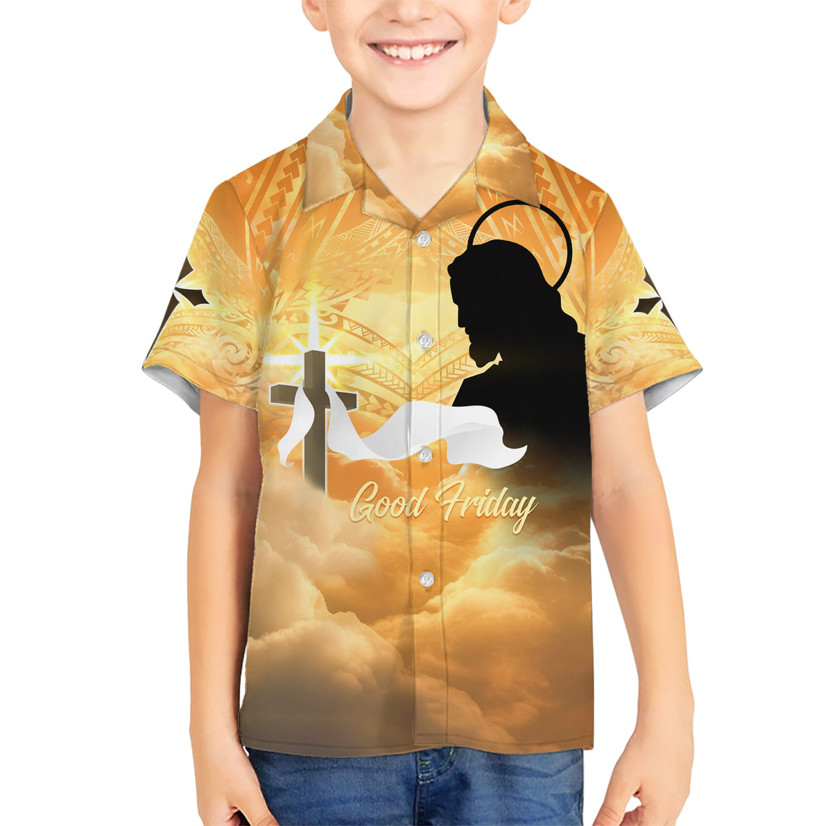 Happy Good Friday Family Matching Short Sleeve Bodycon Dress and Hawaiian Shirt God Will Bless You LT05 Son's Shirt Gold - Polynesian Pride