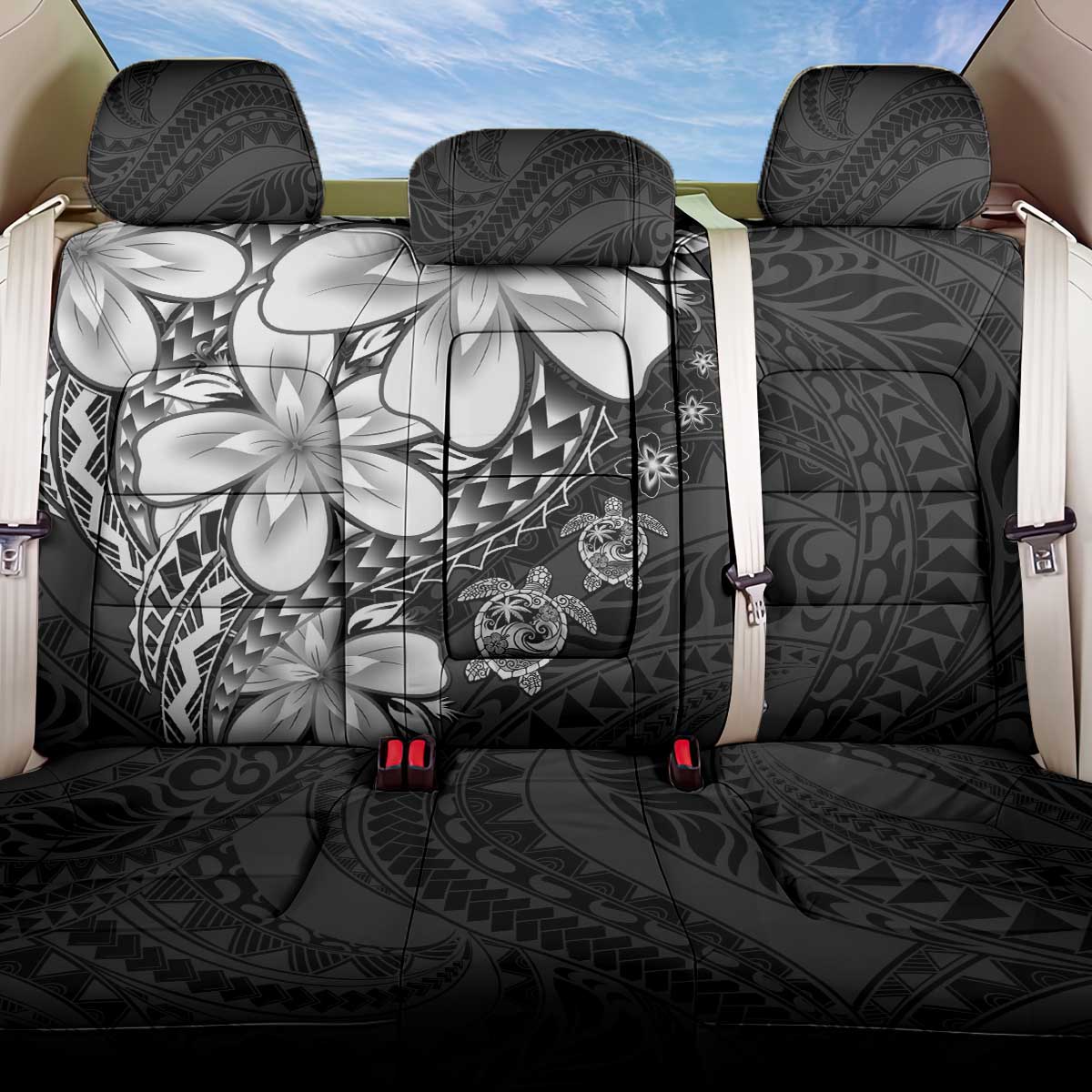 Polynesia Romantic Valentine Back Car Seat Cover Sea Turtle Couple With Black Plumeria