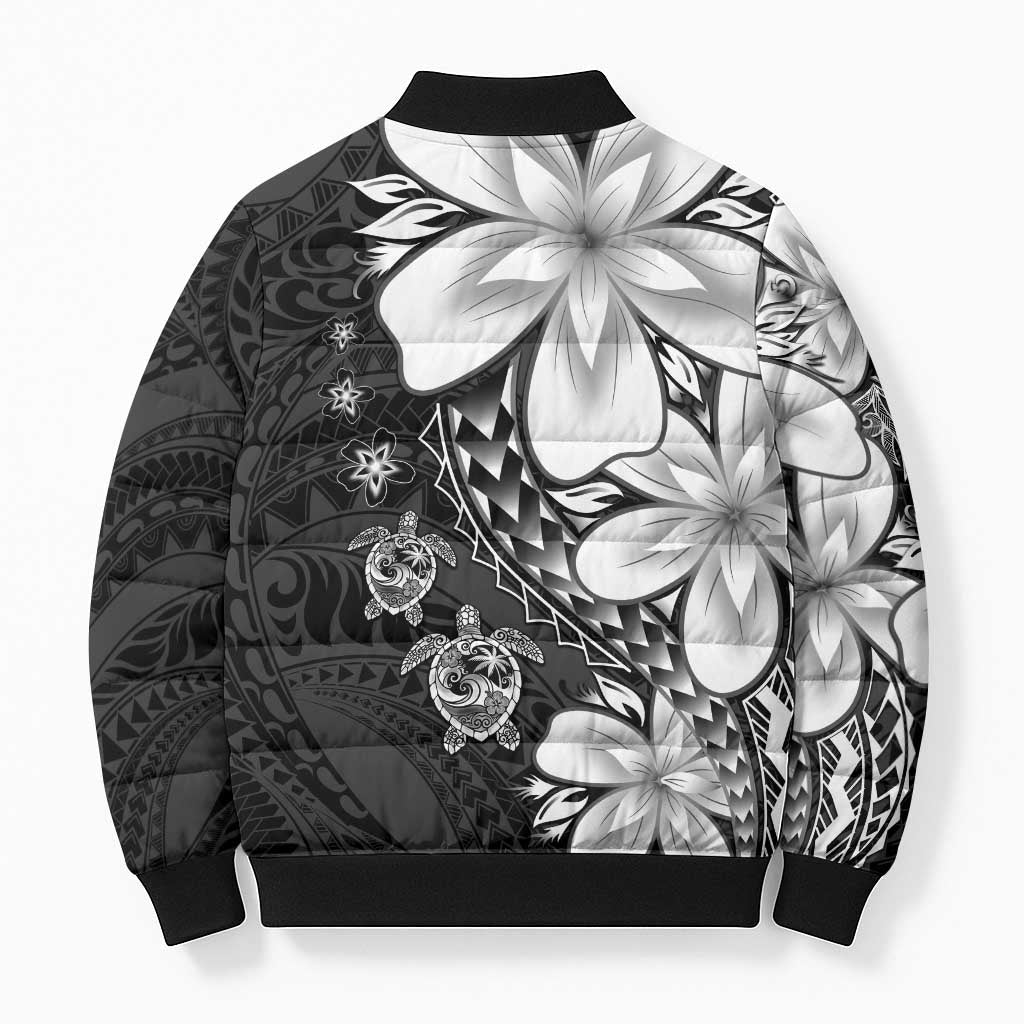 Polynesia Romantic Valentine Bomber Puffer Jacket Sea Turtle Couple With Black Plumeria