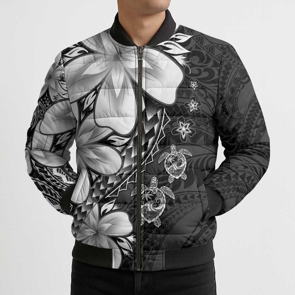 Polynesia Romantic Valentine Bomber Puffer Jacket Sea Turtle Couple With Black Plumeria