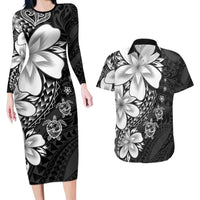 Polynesia Romantic Valentine Couples Matching Long Sleeve Bodycon Dress and Hawaiian Shirt Sea Turtle Couple With Black Plumeria LT05 Black - Polynesian Pride