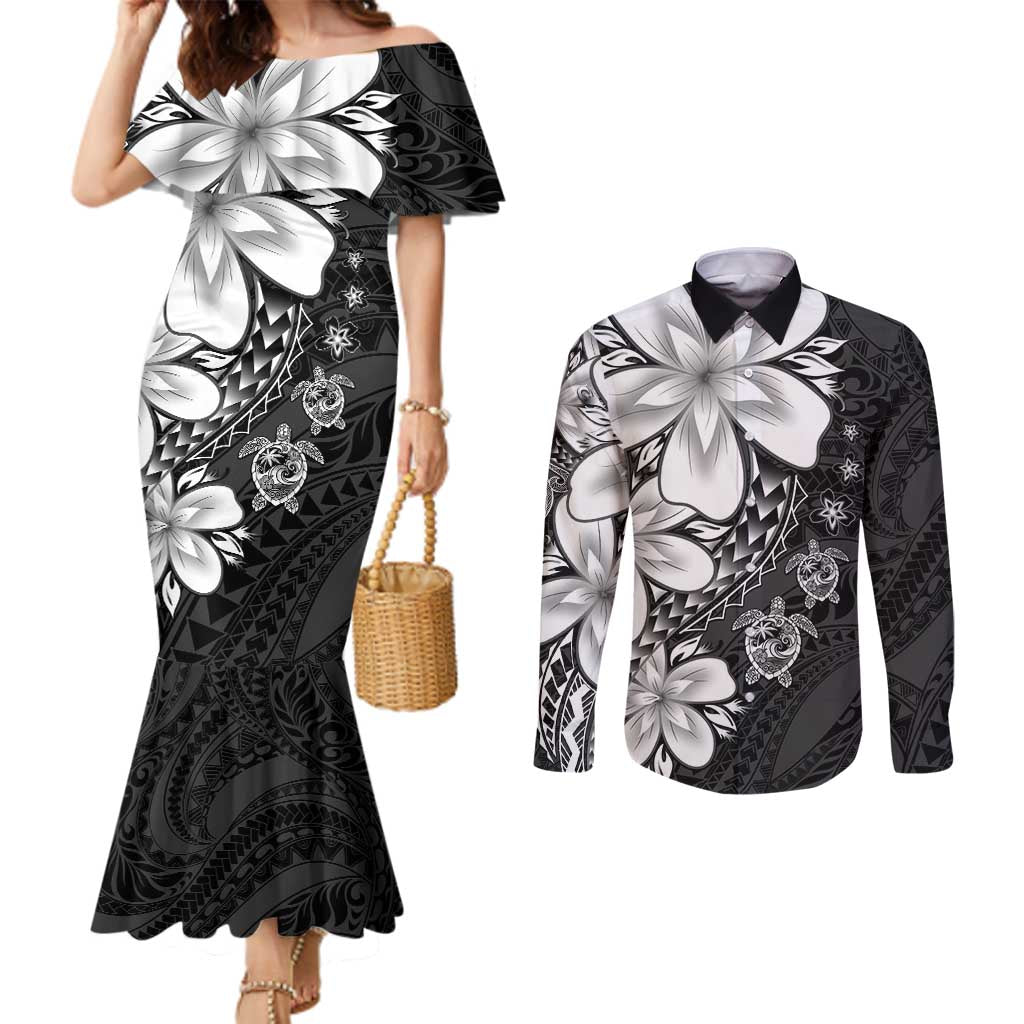 Polynesia Romantic Valentine Couples Matching Mermaid Dress and Long Sleeve Button Shirt Sea Turtle Couple With Black Plumeria