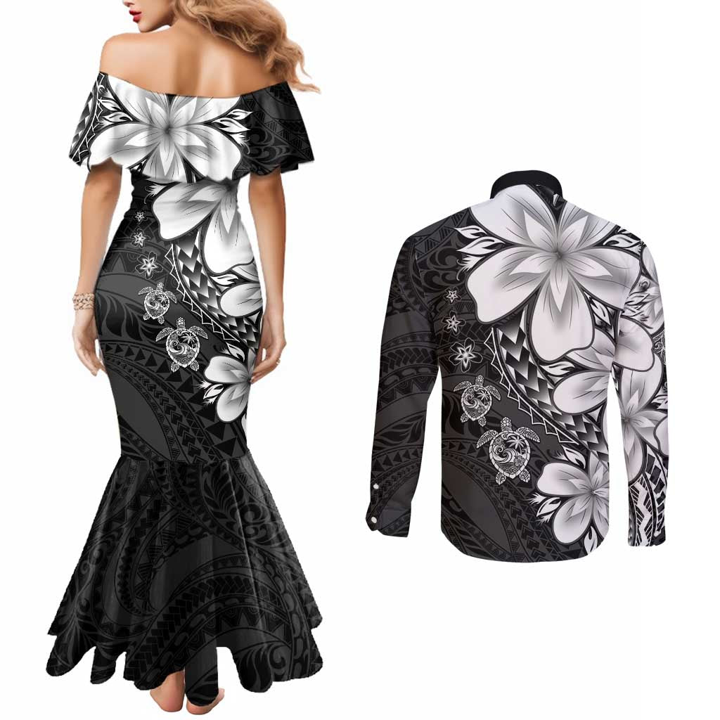Polynesia Romantic Valentine Couples Matching Mermaid Dress and Long Sleeve Button Shirt Sea Turtle Couple With Black Plumeria