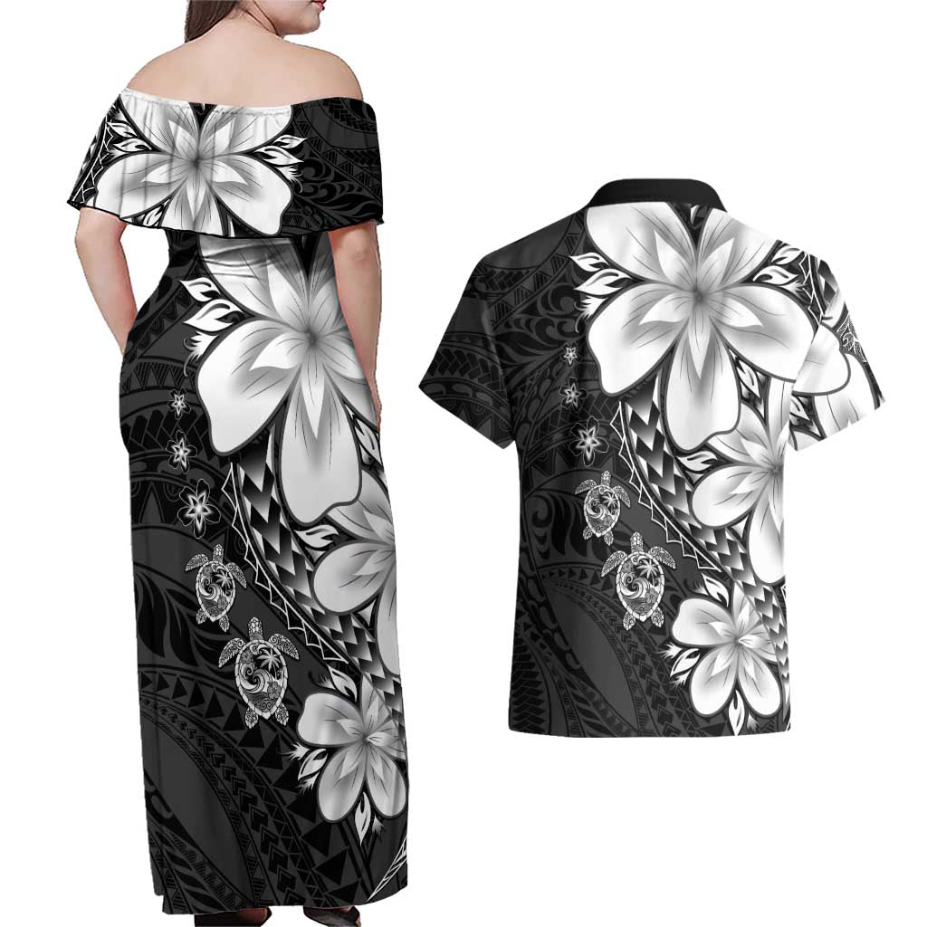Polynesia Romantic Valentine Couples Matching Off Shoulder Maxi Dress and Hawaiian Shirt Sea Turtle Couple With Black Plumeria