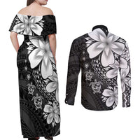 Polynesia Romantic Valentine Couples Matching Off Shoulder Maxi Dress and Long Sleeve Button Shirt Sea Turtle Couple With Black Plumeria