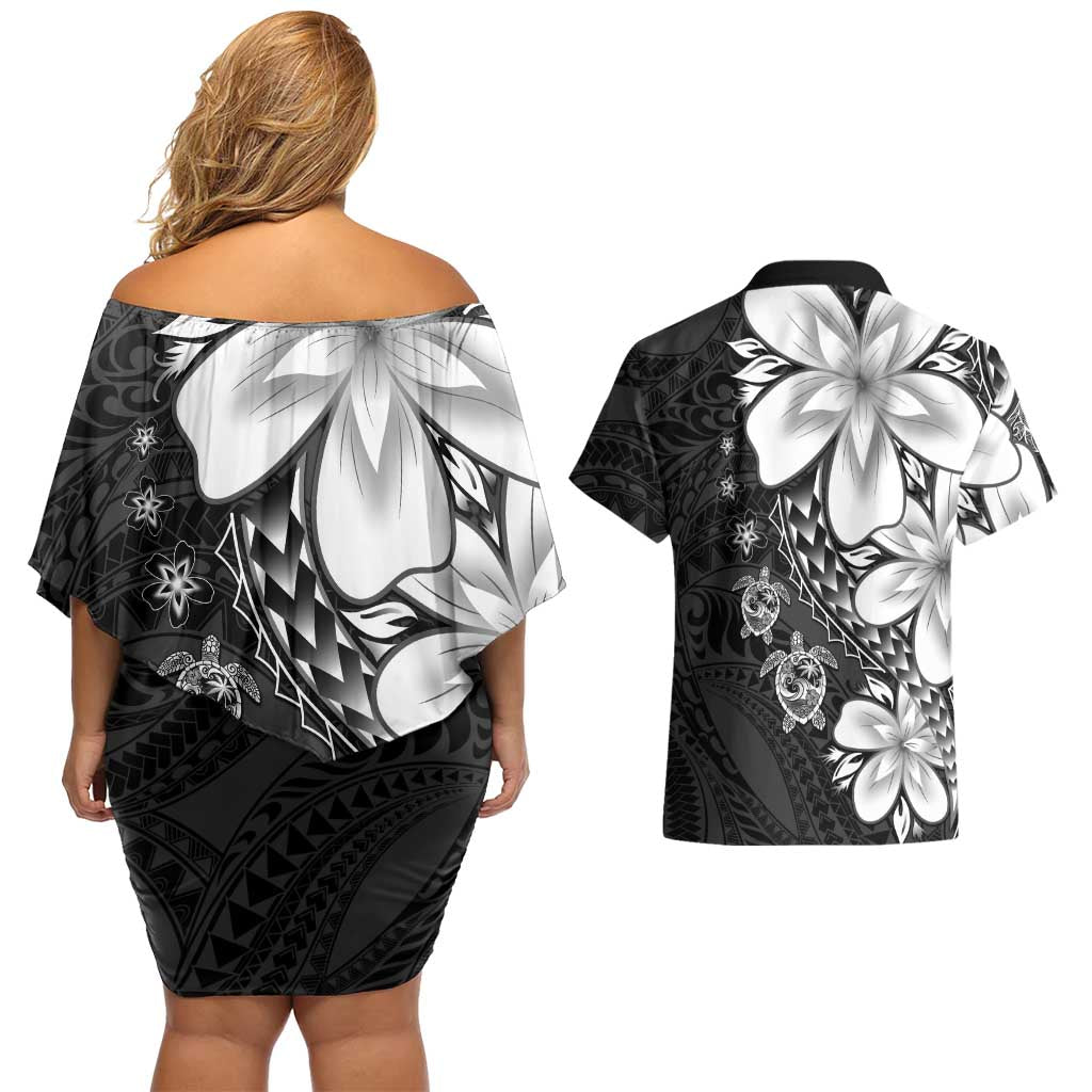 Polynesia Romantic Valentine Couples Matching Off Shoulder Short Dress and Hawaiian Shirt Sea Turtle Couple With Black Plumeria