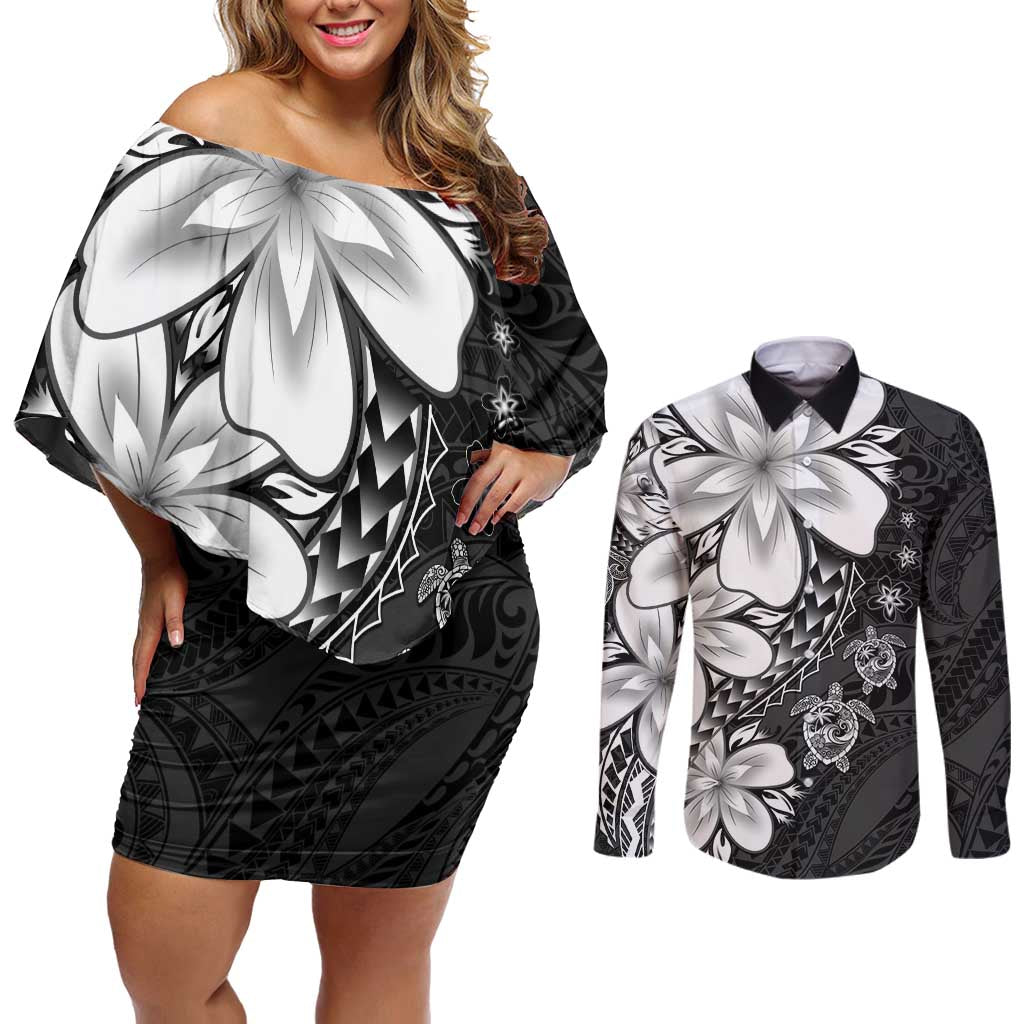 Polynesia Romantic Valentine Couples Matching Off Shoulder Short Dress and Long Sleeve Button Shirt Sea Turtle Couple With Black Plumeria