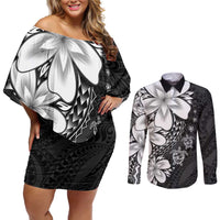 Polynesia Romantic Valentine Couples Matching Off Shoulder Short Dress and Long Sleeve Button Shirt Sea Turtle Couple With Black Plumeria