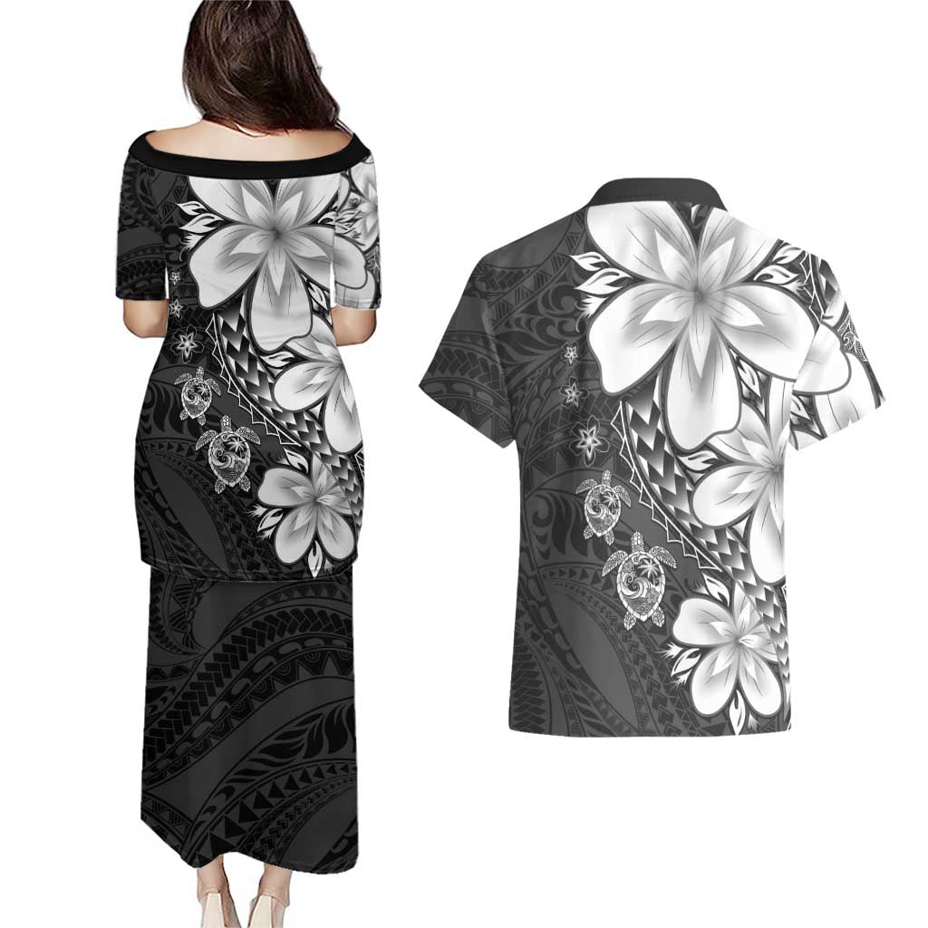 Polynesia Romantic Valentine Couples Matching Puletasi and Hawaiian Shirt Sea Turtle Couple With Black Plumeria
