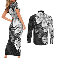 Polynesia Romantic Valentine Couples Matching Short Sleeve Bodycon Dress and Long Sleeve Button Shirt Sea Turtle Couple With Black Plumeria
