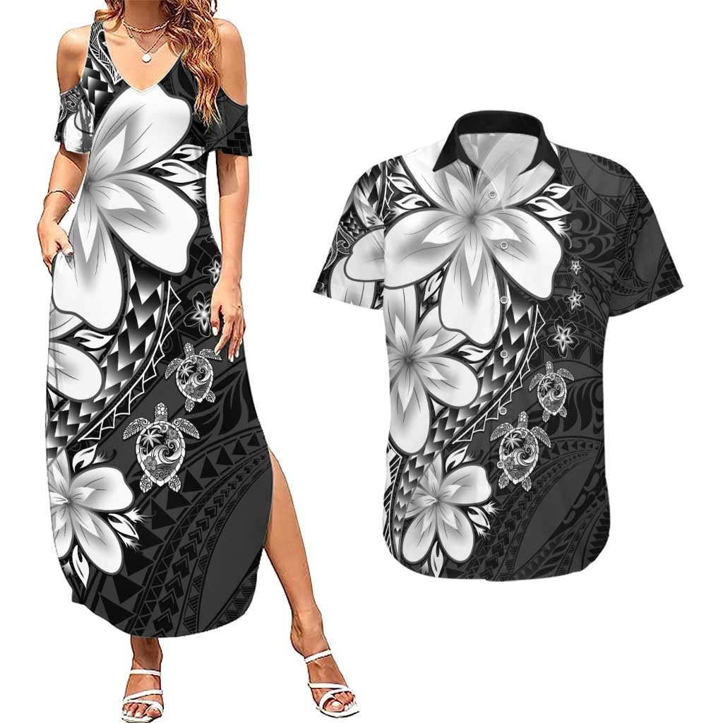 Polynesia Romantic Valentine Couples Matching Summer Maxi Dress and Hawaiian Shirt Sea Turtle Couple With Black Plumeria