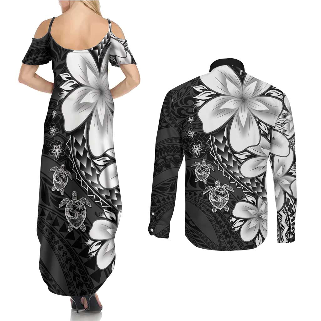 Polynesia Romantic Valentine Couples Matching Summer Maxi Dress and Long Sleeve Button Shirt Sea Turtle Couple With Black Plumeria