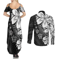 Polynesia Romantic Valentine Couples Matching Summer Maxi Dress and Long Sleeve Button Shirt Sea Turtle Couple With Black Plumeria