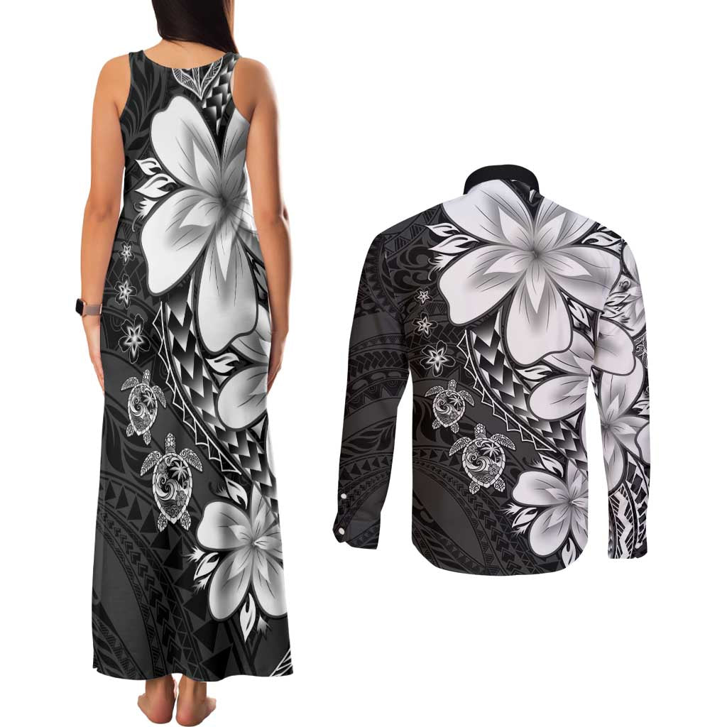 Polynesia Romantic Valentine Couples Matching Tank Maxi Dress and Long Sleeve Button Shirt Sea Turtle Couple With Black Plumeria