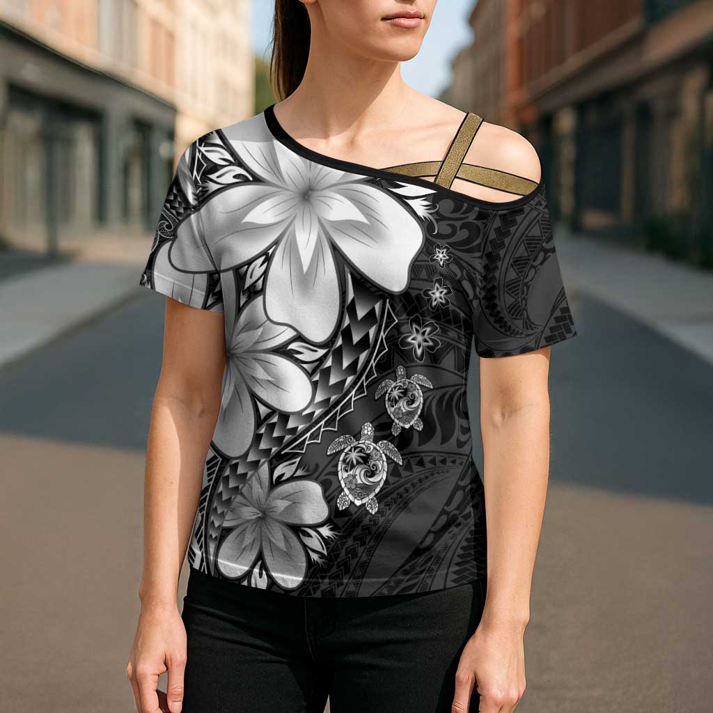 Polynesia Romantic Valentine Cross Shoulder Shirt Sea Turtle Couple With Black Plumeria