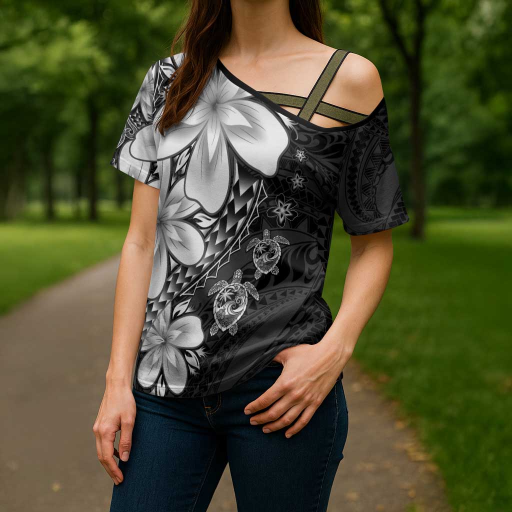 Polynesia Romantic Valentine Cross Shoulder Shirt Sea Turtle Couple With Black Plumeria