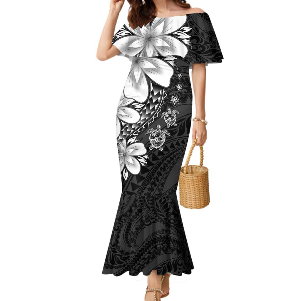 Polynesia Romantic Valentine Family Matching Mermaid Dress and Hawaiian Shirt Sea Turtle Couple With Black Plumeria LT05 Mom's Dress Black - Polynesian Pride