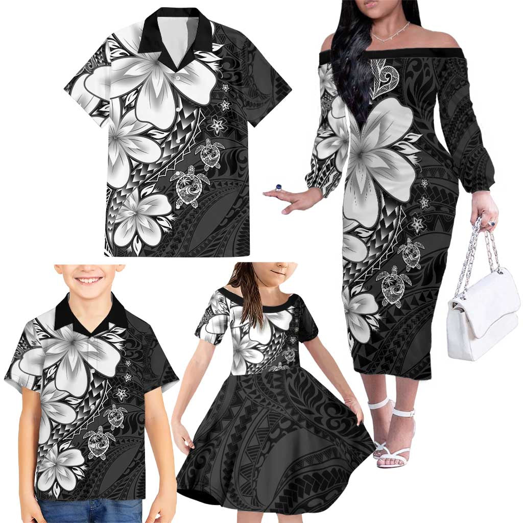 Polynesia Romantic Valentine Family Matching Off The Shoulder Long Sleeve Dress and Hawaiian Shirt Sea Turtle Couple With Black Plumeria LT05 - Polynesian Pride